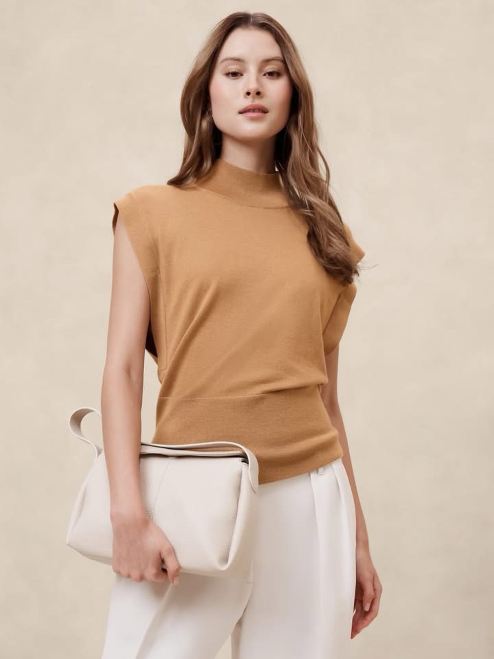 Banana Republic 100% Merino Wool Mock Neck Sweater Camel Tan Short Sleeve Size S